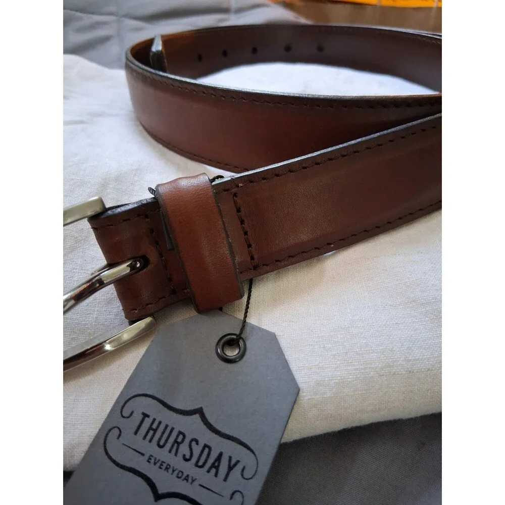 Thursday Men's Brown Dress Belt Size 38 1.25in Adjustable Buckle Logo Nickel